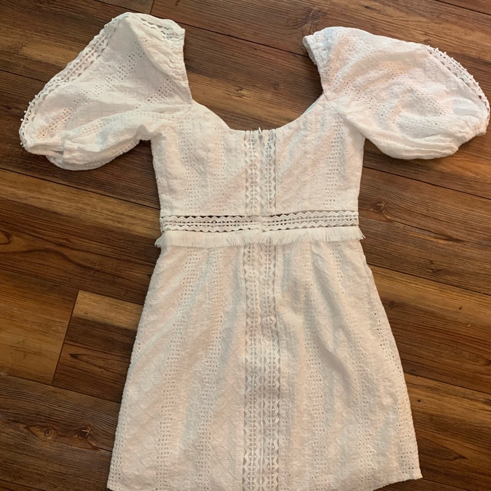 ESTHER White Lace Puff Sleeve Lined Mini Dress Sz S/8 Elegant Eyelet - Picture 12 of 16